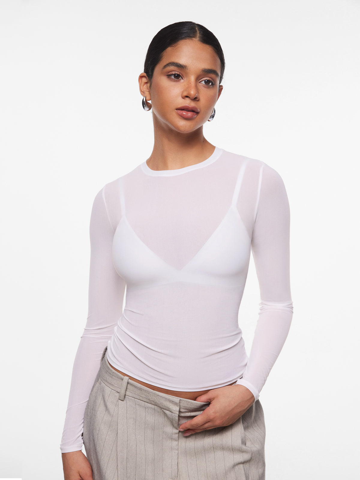 INLYRIC Women's Cosnufy® Mesh Sheer Long Sleeve Top Snow White